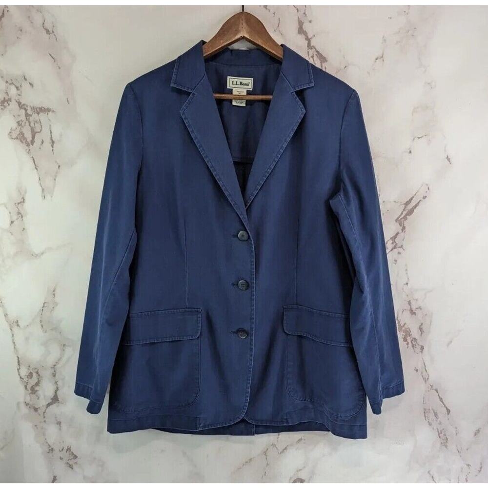 LL Bean Blazer Womens Large Blue Vintage Cotton 90s Jacket Chore Utility Safari